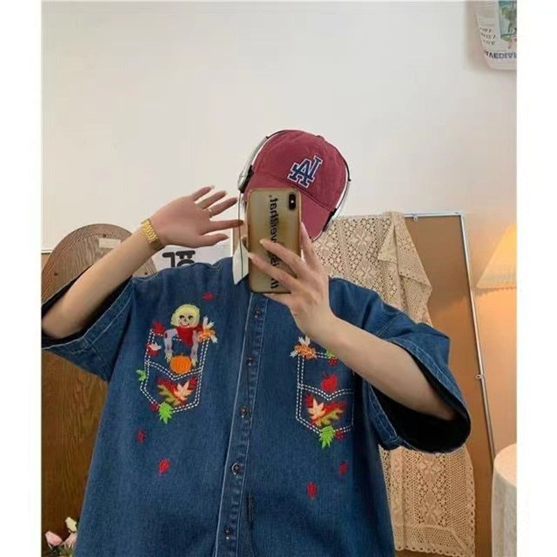 2024 Men's Cartoon Embroidered Denim Short Sleeved Shirts Fashion Trend Brand Lapel Collar Denim Coats Blue Color Shirts M-XL