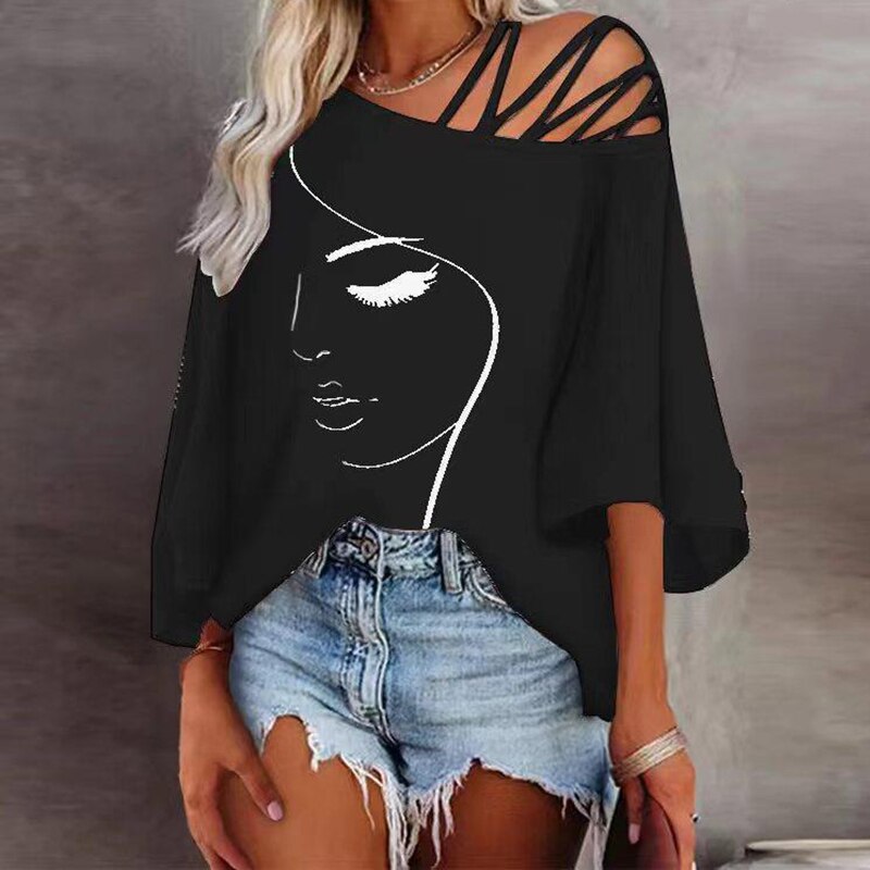 Retro Abstract Print Women Tee Shirts  Spring Skew Collar Bandage Hollow Top Pullover Autumn Half Sleeve Office Lady T-shirt