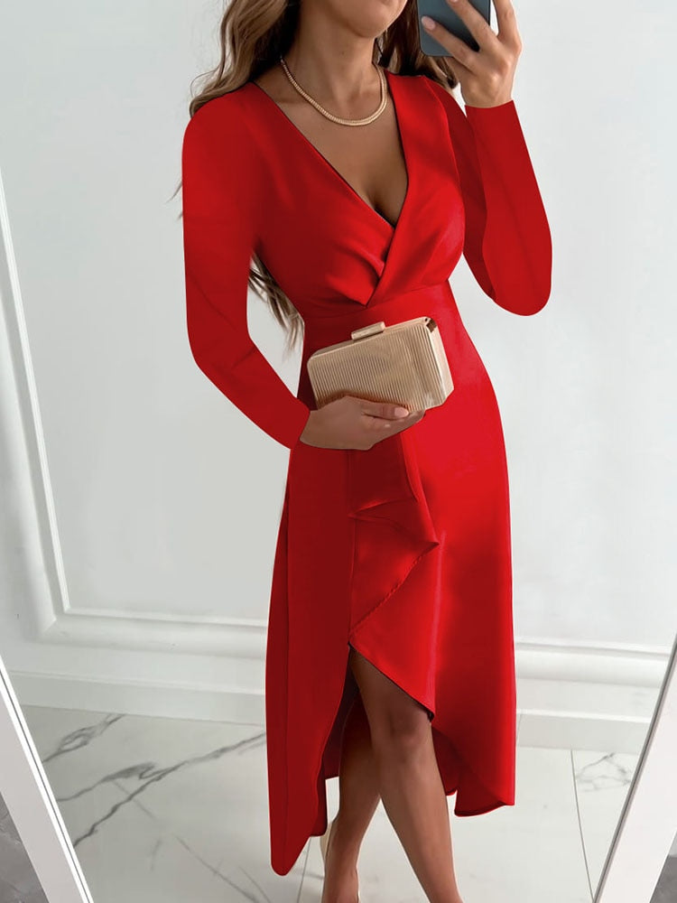 Women Casual Long Sleeve Fashion Solid Long Dress  Autumn Winter Sexy V-neck Elegant Office Lady Irregular Dresses Female