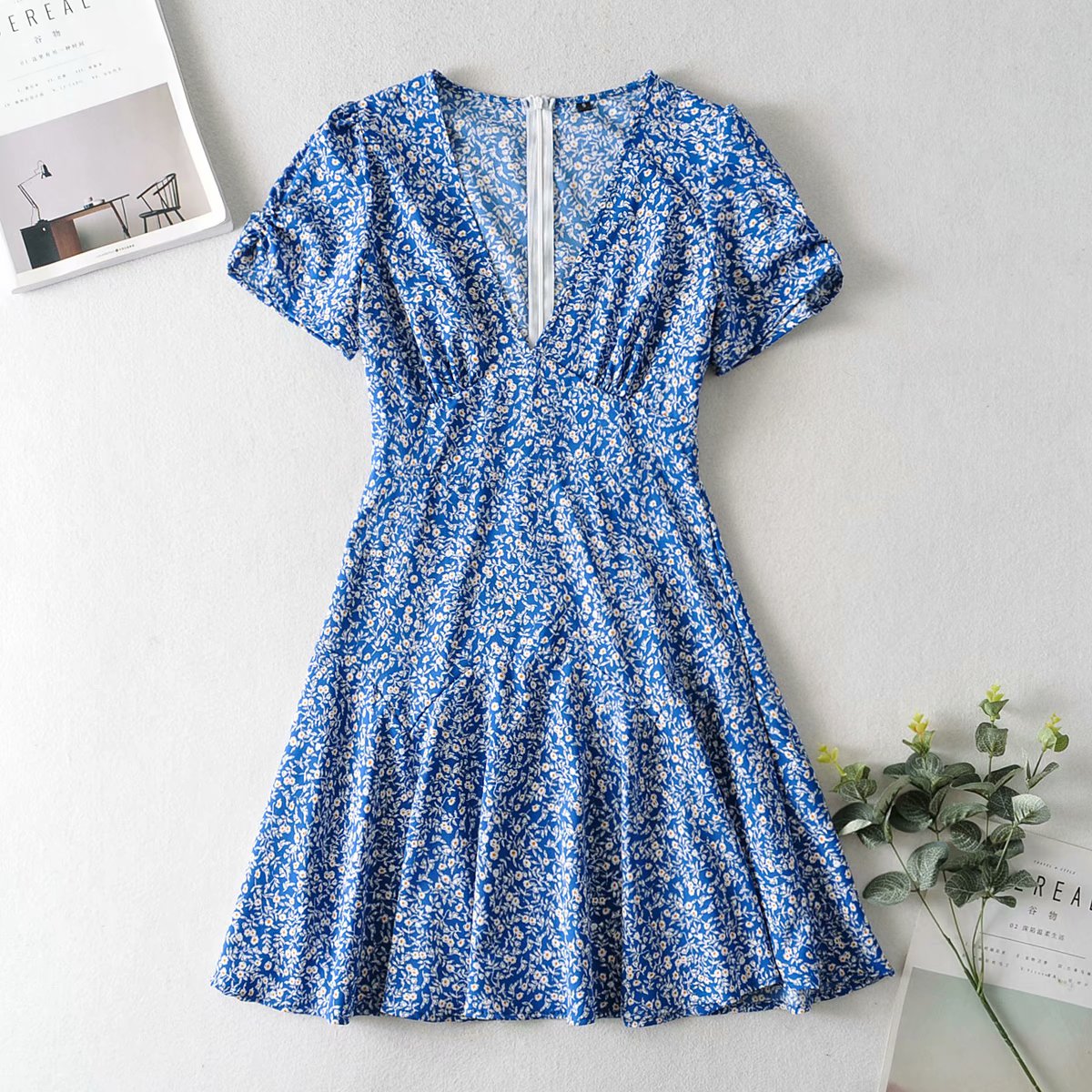 Fashion Foridol Blue Floral Print Summer Beach Dress Women Casual Holiday Short Sleeve Dress Boho Sundress Vestidos Fashion Clothes