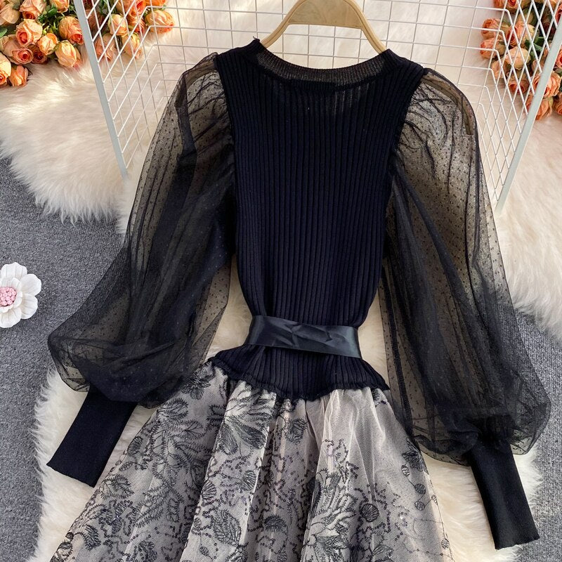 Elegant Mesh Knitted Stitching Dress Women Vintage Puff Sleeve Round Neck A Line Party Dresses Ladies Bandage Printing Dress