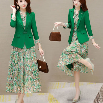 sixsr  Spring Autumn New Suit Jacket Dress Two-piece Women's Elegant Blazers Floral Long Skirt Set Female Office Professional Wear