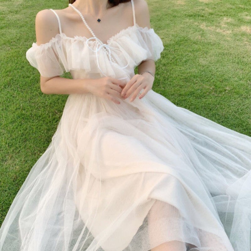 Sixsr Going Out Outfits Mesh Ruffle Slash Neck Off Shoulder Dresses Lace Up Women Summer Vestidos Mujer Korean Fashion White Dress Strap Tide Robe Femme