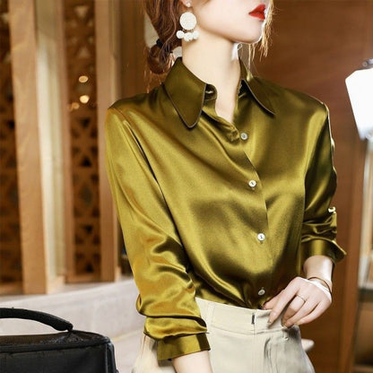 Sixsr Brand Quality Luxury Women Shirt Elegant Office Button Up Long Sleeve Shirts Momi Silk Crepe Satin Blouses for Women Fashion  Business Ladies Top