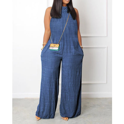 Women Elegant Fashion Denim Look Print Pocket Wide Leg Pants Jumpsuit Women Casual Loose Romper Overalls Onepieces Streetwear