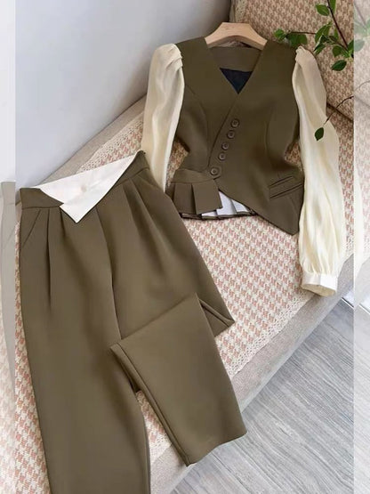 Women's Autumn British Style Trousers Suit V-neck Irregular Short Small Blazer and Wide Leg Trousers Two Office Ladies Piece Set