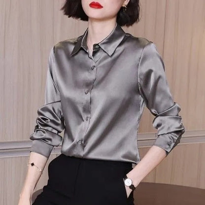 Sixsr Brand Quality Luxury Women Shirt Elegant Office Button Up Long Sleeve Shirts Momi Silk Crepe Satin Blouses for Women Fashion  Business Ladies Top