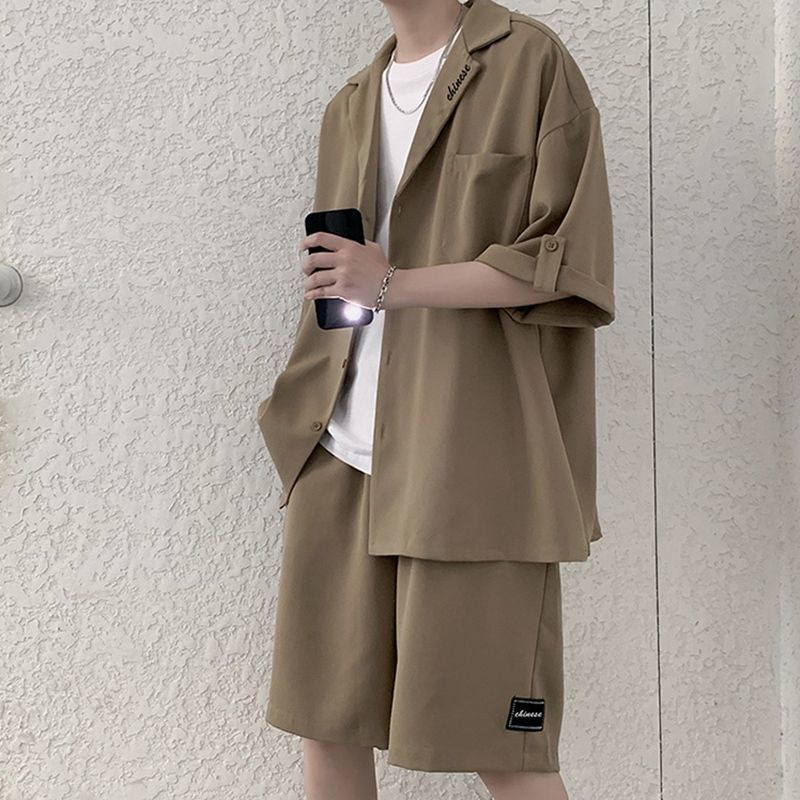 Men's Khaki Shirt Suit Elegant Vintage Short-sleeved Shirt Grunge Mature Patch Design Shorts Korean Fashion Two Piece Set Summer