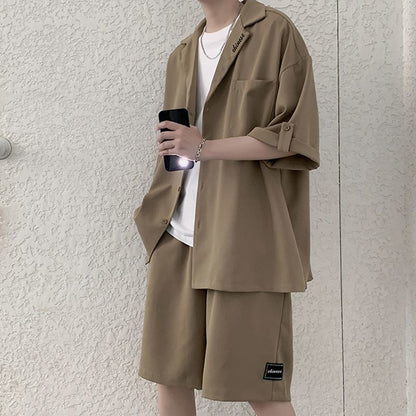 Men's Khaki Shirt Suit Elegant Vintage Short-sleeved Shirt Grunge Mature Patch Design Shorts Korean Fashion Two Piece Set Summer