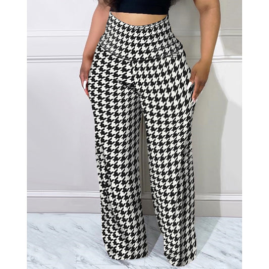 sixsr Women Houndstooth Print High Waist Pants  Autumn Casual Long Pants Loungewear Women Clothes One Piece Suit Female