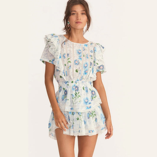 New Arrival Summer Short Sleeve Natasha Mini Dress Women Ruffled A-line Dress Blue Print