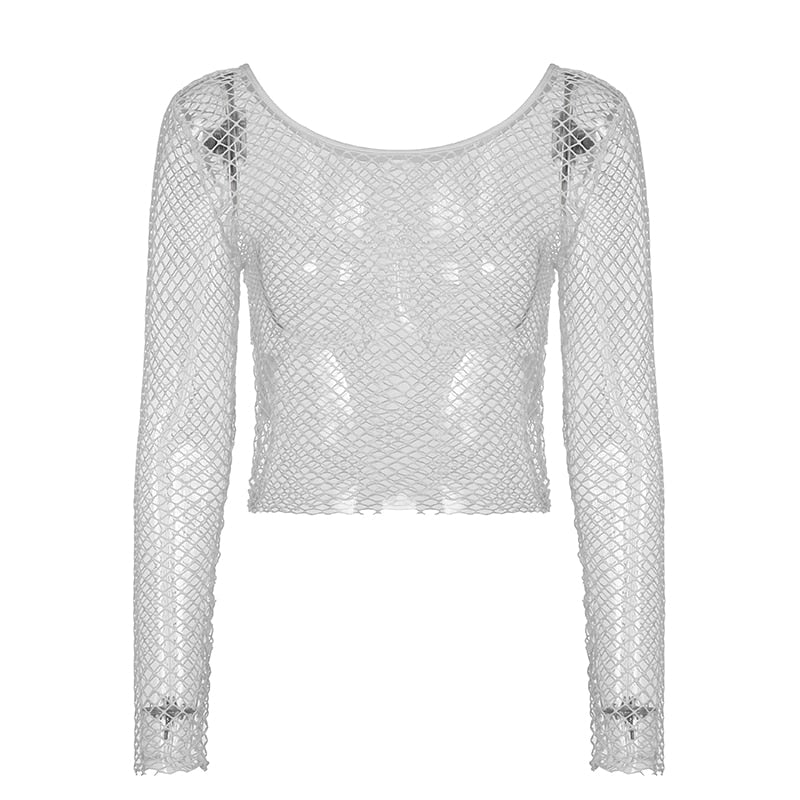 sixsr  Hot Sell Hollow Out See Through Sexy Slash Neck Fishnet Mesh T-Shirts Women Cute Club Outfits Off Shoulder Long Sleeve Crop Tees