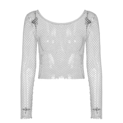 sixsr  Hot Sell Hollow Out See Through Sexy Slash Neck Fishnet Mesh T-Shirts Women Cute Club Outfits Off Shoulder Long Sleeve Crop Tees