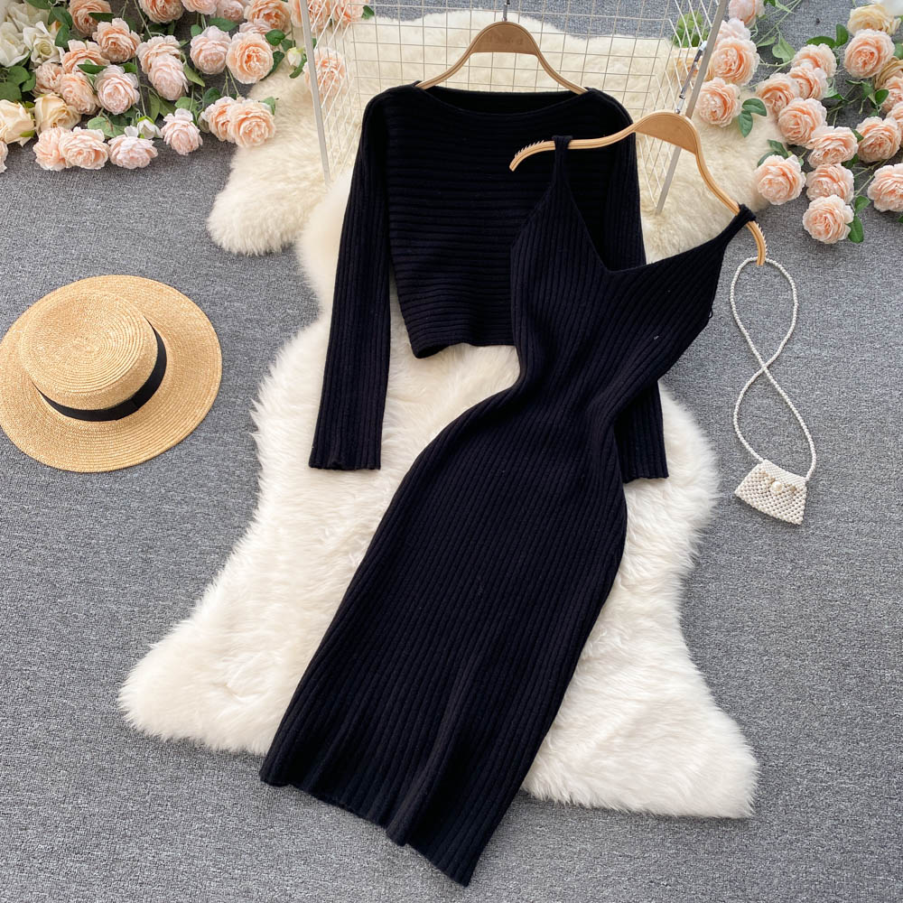 sixsr  Women Elegant Slim Two Piece Sets Female Sweater Dress Autumn Winter High Waist Knitted Ensemble Femme Medium Long Party Dresses