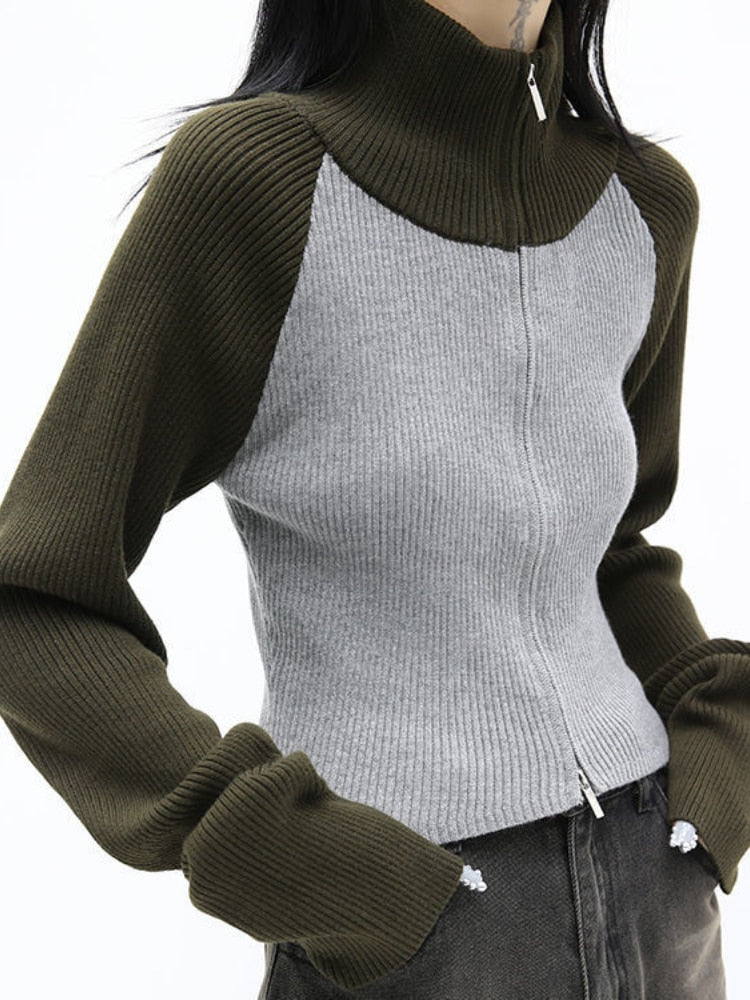 Cropped Cardigan Women Sweater Fashion Korean Knitwears Patchwork Turtleneck Tunic Jackets Sueter Mujer Sweaters Coat Y2k Tops