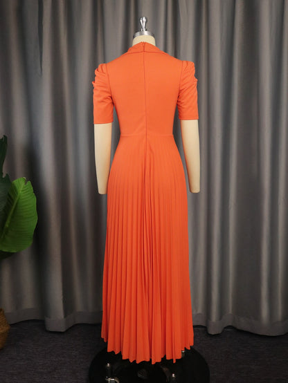 Elegant Women Maxi Pleated Dresses Notched Lapel Wrap High Waist Big Swing Dress Modest Classy Wedding Guest Party Evening Gown