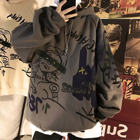 Sixsr Autumn and winter Korean style trend plus fleece hooded sweater men graffiti hip-hop all-match loose printed coat couple sweater