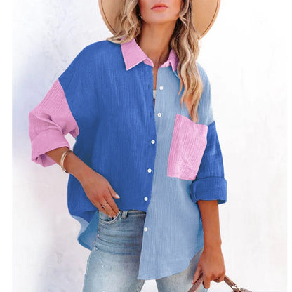 New Spring Summer Fashion Women New Patchwork Shirt Elegant Commute Contrast Lapel Buttons Cardigan Streetwear Ladies Casual Blouses