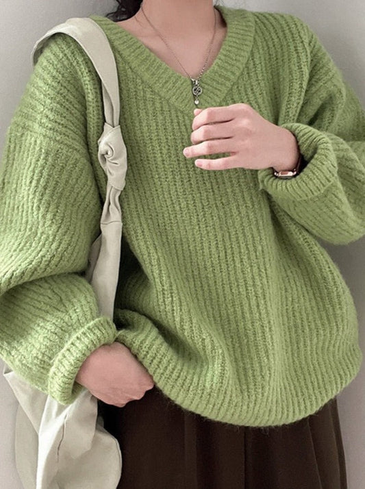 Green Oversized Sweaters for Women Fall Winter  Korean Fashion Long Loose Pullovers V Neck Long Sleeve Jumpers