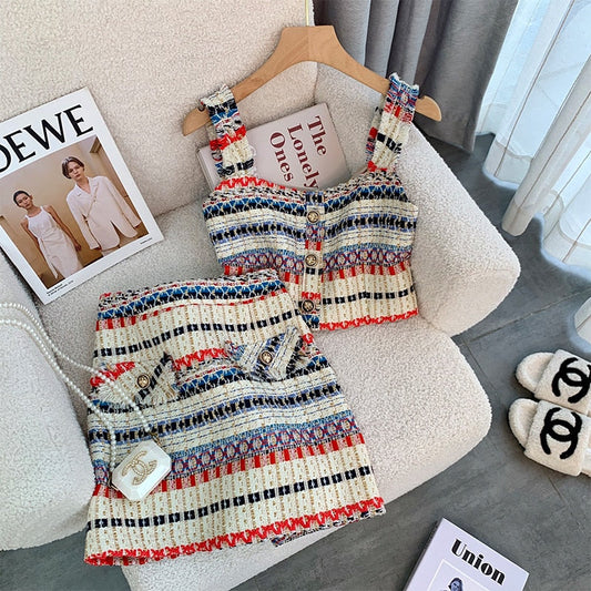 Summer Elegant Sexy Tweed Stripe 2 Piece Set Women Short Vest Crop Top + A-line Skirt Vintage Two Piece Skirt Set Outfits