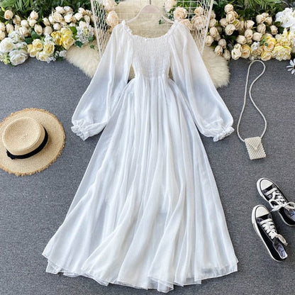 Womens Fashion New Spring Autumn Women Elegant Holiday Dresses Puff Sleeve Slash Neck Off Shoulder Smocked White Chiffon Dresses