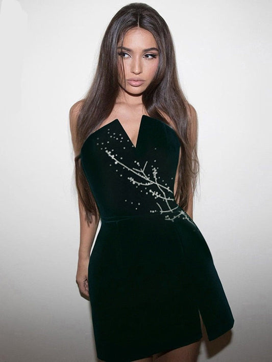 sixsr Womens Fall Fashion  V Neck Velvet Dress Women Sexy Sleeveless Elegant Fashion Female Clothes Solid Backless Strapless Side Split Dress Black