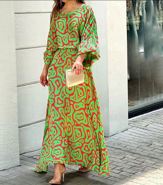 Women Two Piece Set Crew Neck Print Long Lantern Sleeve Top Elegant Dress High Streetwear Casual Beach Suit