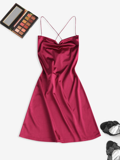 Women's Sexy Satin Dress Spaghetti Strap Slips Nightwear Side Slit Cocktail Party Silk Mini Dresses