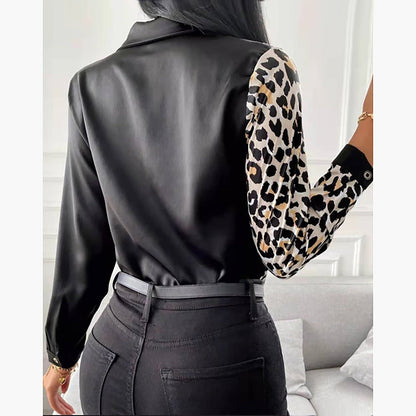 Women Long Sleeve Shirts Autumn New Elegant Satin Blouses Tops Office Leopard Print Patchwork Shirt Ladies Casual Lapel Top