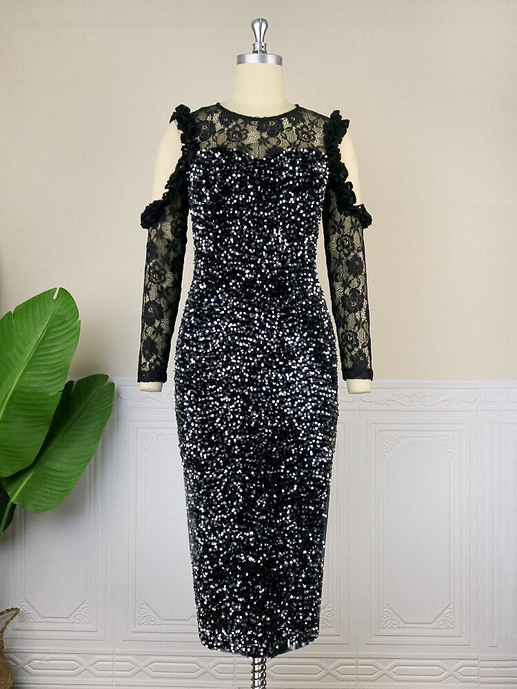 Vintage Black Sequin Dress Women Bare Shoulder Lace Long Sleeve Glitter Prom Dress Luxury Bling Bling Evening Party Gowns Winter