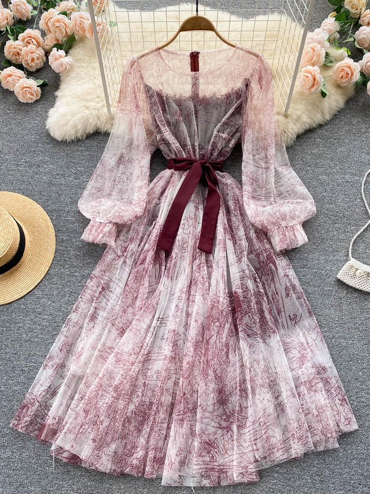 Elegant Women Mesh Dress Vintage Lantern Sleeves Printed Party Dresses Spring Summer Patchwork A Line Bandage Beach Dress