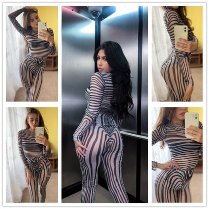 Autumn Mesh Zebra Striped Sets Women 2 Piece Suit T-shirt + Long Pants See-through Sexy Co-ord Set Female Tracksuit Costume