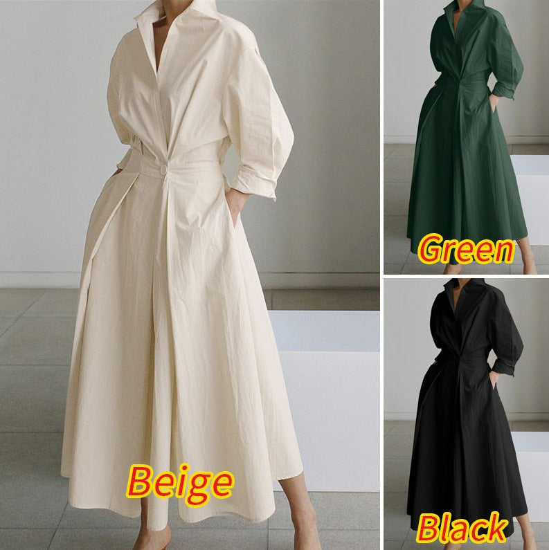 Elegant Women Spring Autumn Sundress Fashion Lapel Neck Long Sleeve Solid Long Shirt Dress OL Vestidos Robe Femme 5XL Long Dress