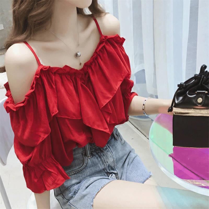 Ruffle Youth Elegant Blouses Tops Women Fashion Low Cut Blouse Summer Chiffon Shirt Pretty Bebeautiful Clothes