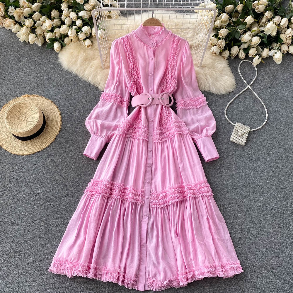 Summer Sexy Party Dress Women Single Breasted Long Sleeve Layer Ruffle Flower Embroidery Lace Tulle Maxi Dress Robe