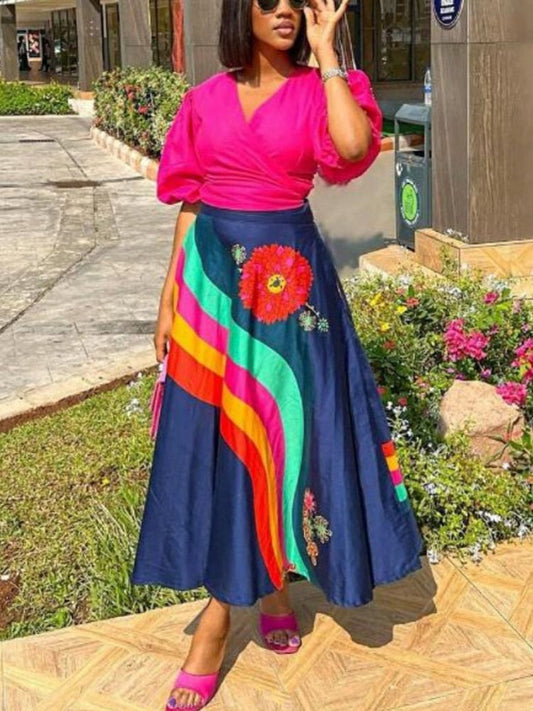 Summer Dresses for Women 2 Piece Outfits Pink Puff Sleeve Wrapped Tops and Midi Printed Swing Skirt Casual Festival Clothing