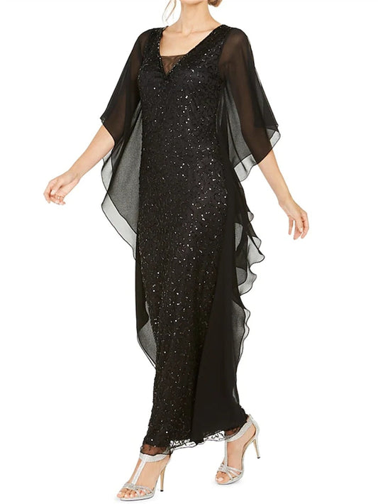 Sequins Mother of the Bride Dress Elegant V Neck Ankle Length Chiffon Half Sleeve with Ruching vestidos de boda invitada