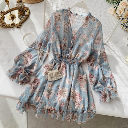 Sixsr Mothers Day Gifts new fashion women's French dress female temperament V-neck long-sleeved chiffon floral dresses