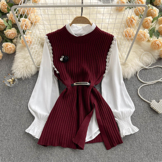 Sixsr  Spring Outfits Women Sleeve White Shirt Fashion Two Piece Suit Red Cotton Sweater Vest Lady Casual Preppy Style White Belt