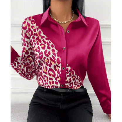 Women Long Sleeve Shirts Autumn New Elegant Satin Blouses Tops Office Leopard Print Patchwork Shirt Ladies Casual Lapel Top