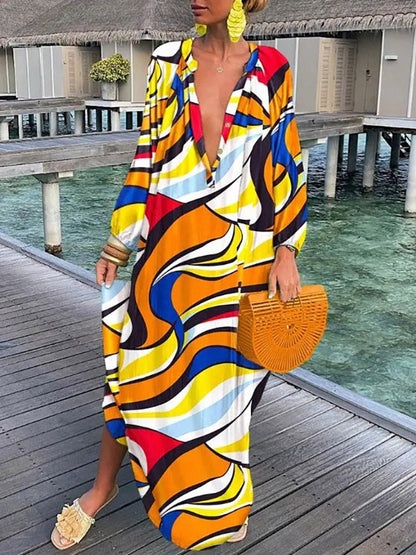 V-neck Casual Loose Floral Print Long Sleeve Maxi Dress