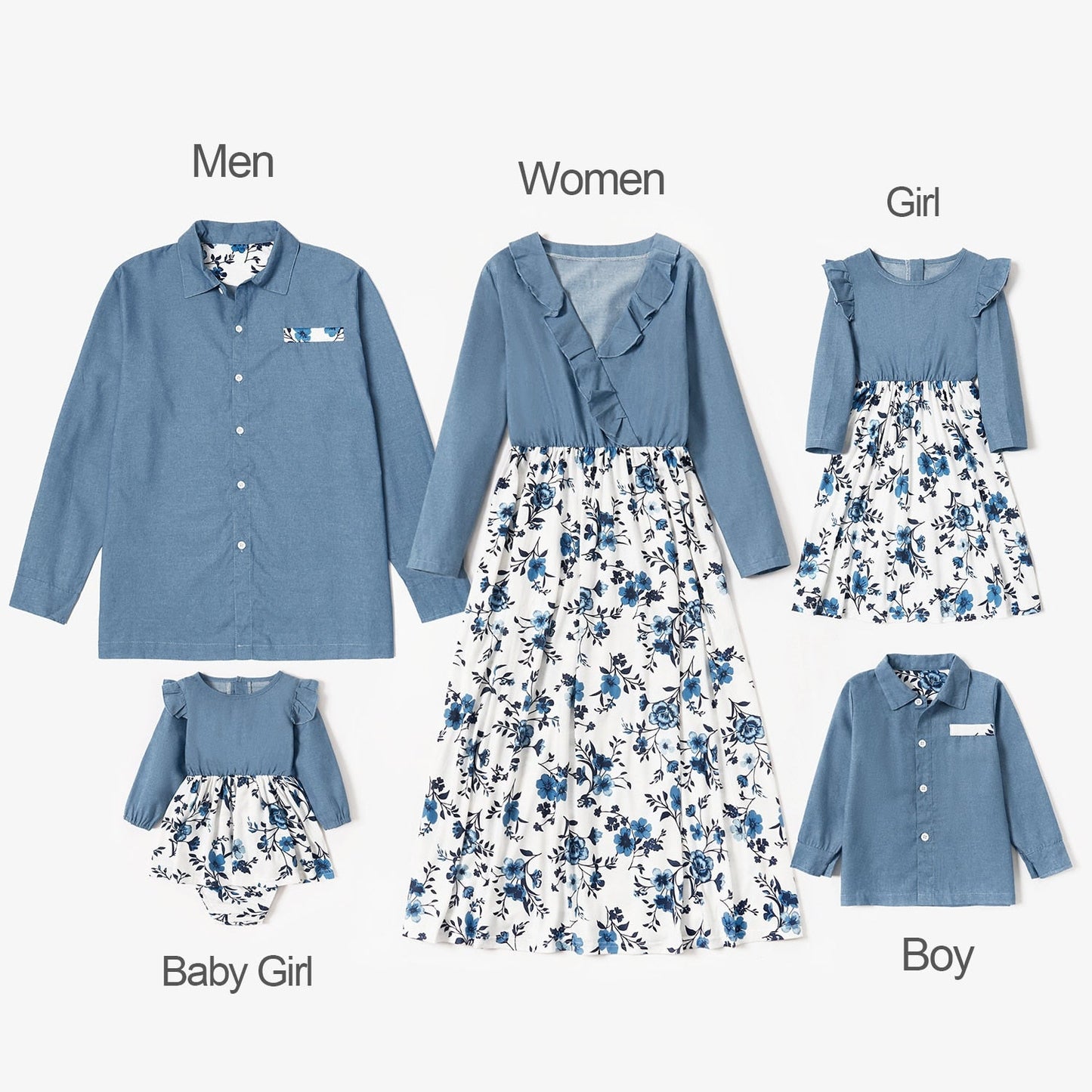 sixsr  Trends Summer And Spring Mosaic Cotton Family Matching Floral Sets Flounce Dresses And Denim Tops Short Long Sleeve Family Look