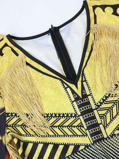 Womens Sexy Bodycon Jumpsuit Vintage Printed Long Sleeve One Piece Outfits with Tassels Rhinestone Yellow Black Romper Clubwear