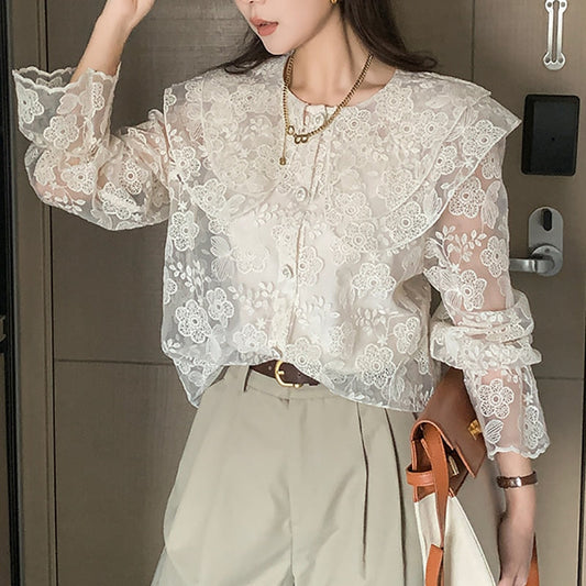 Lace Shirt for Women  Ruffles Long Sleeve Peter Pan Collar Elegant Oversized Blouses Ladies Casual Button Up Top