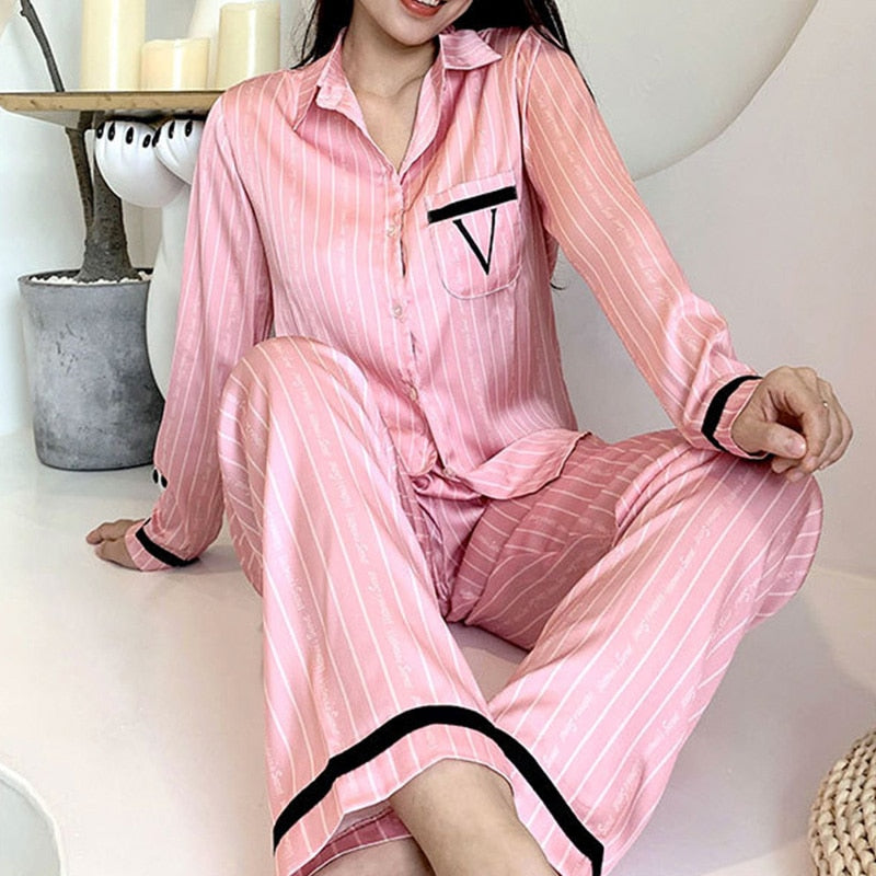 2 Pieces Set Summer Pajamas for Women V Long Satin Silk Sleepwear Ladies Luxury Pyjamas Home Wear Pjs Loungewear