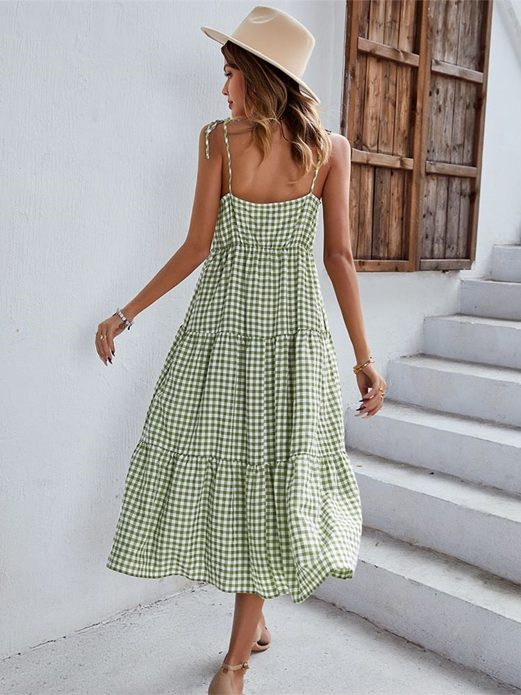 Ladies Vintage Boho Plaid Summer Dress Women Sexy Backless Casual Ruffles Party Beach Sundress Women Dress Robe Vestidos Female