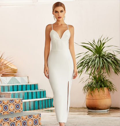 RO New Summer Women White Bodycon Bandage Sexy V Neck Spaghetti Strap Club Celebrity Evening Runway Party Long Dresses For Women