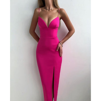 RO New Summer Women White Bodycon Bandage Sexy V Neck Spaghetti Strap Club Celebrity Evening Runway Party Long Dresses For Women