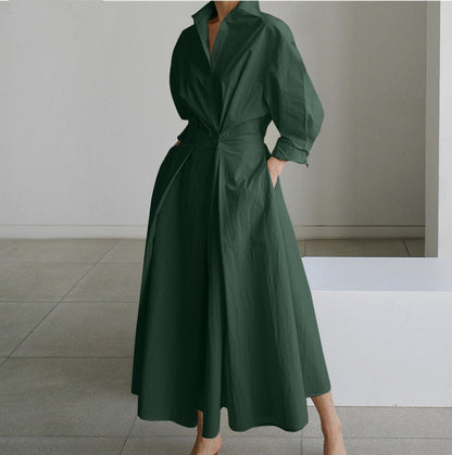 Elegant Women Spring Autumn Sundress Fashion Lapel Neck Long Sleeve Solid Long Shirt Dress OL Vestidos Robe Femme 5XL Long Dress