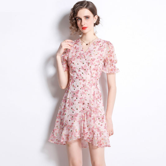 sixsr French Gothic Fishtail Floral Summer Dress Women  Beach Style Tea Platycodon Grandiflorum Drawstring Hip Dress K6686